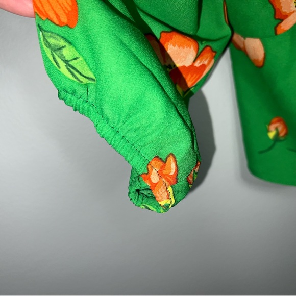 &Topshop green with orange flowers floral top blouse shirt with tie front new 4 - Picture 8 of 10